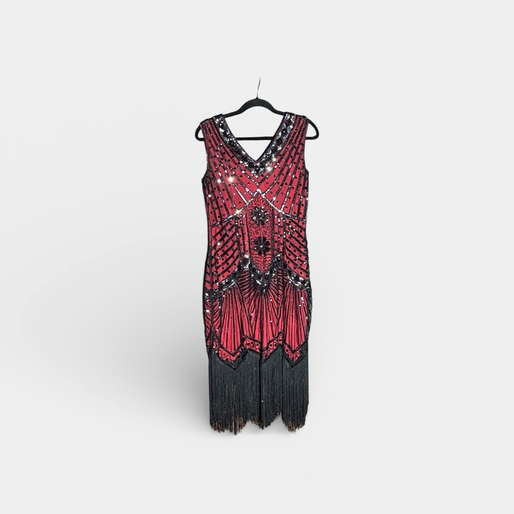 BABEYOND Flapper Cocktail Vintage Era Red Black Sequin Dress Great Cond L - Picture 5 of 6